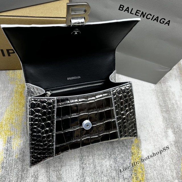 Balenciaga專櫃爆款鱷魚紋銀色中號Hourglass沙漏包 巴黎世家頂級原單手提肩背包 fyj1211